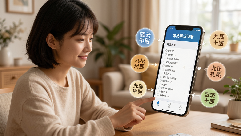 画面主体为一位年轻用户坐在桌前使用手机,手机屏幕显示“链云中医”体质辨识问卷界面,屏幕旁浮现九种体质标签的圆形图标,背景为温馨居家环境,布局上人物偏左、手机屏幕偏右,风格写实柔和,细节上突出问卷选项与体质标签的对应关系,画质清晰干净,无多余元素