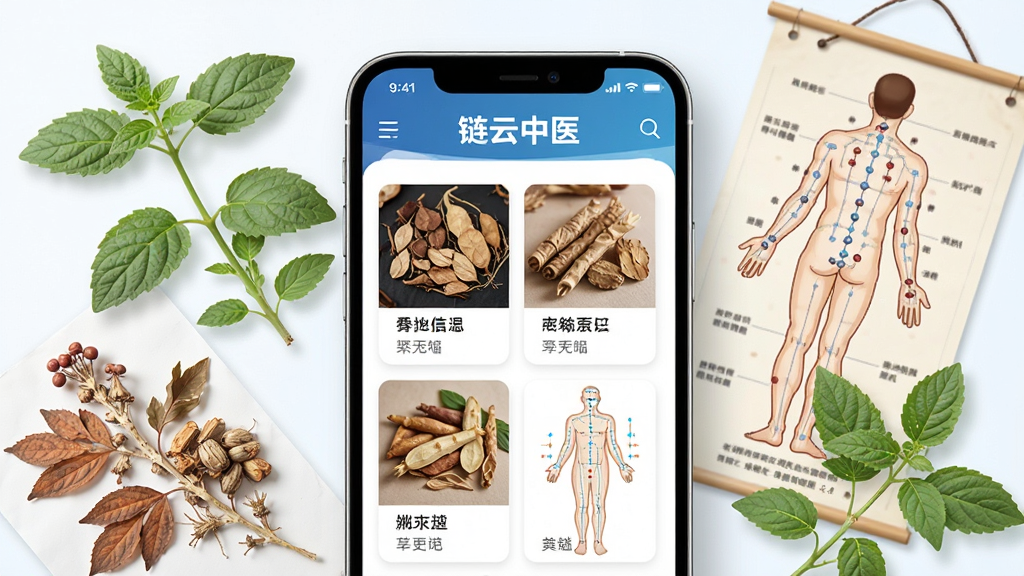 画面为手机屏幕特写,屏幕显示“链云中医”知识科普页面,页面中包含中药材图鉴卡片与穴位示意图,屏幕外延伸出几株真实中草药和一张人体穴位挂图,布局以手机为中心向四周发散,风格干净明亮,细节上突出图文卡片的清晰度,画质细腻干净,无杂乱背景元素