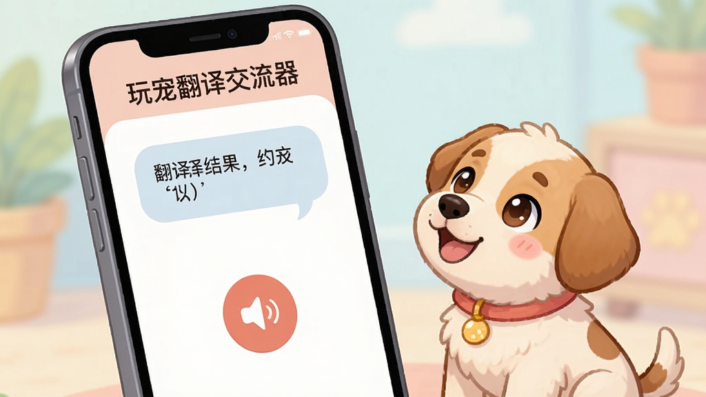 玩宠翻译交流器手机界面展示,屏幕上方显示“玩宠翻译交流器”字样,中间是录音按钮和翻译结果文字气泡,一只小狗坐在旁边抬头看着手机,画面风格活泼可爱,色彩柔和,画质干净清晰