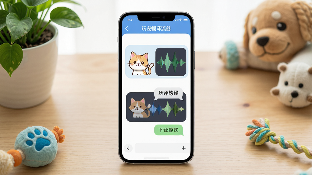 一张展示智能手机屏幕的图片,屏幕中央是玩宠翻译交流器软件界面,界面中有猫咪和狗狗的卡通图标,旁边显示声波分析图形和翻译文字气泡,手机放置在木质桌面上,周围有绿植和宠物玩具点缀,整体风格清新明亮,画质清晰干净,无多余元素
