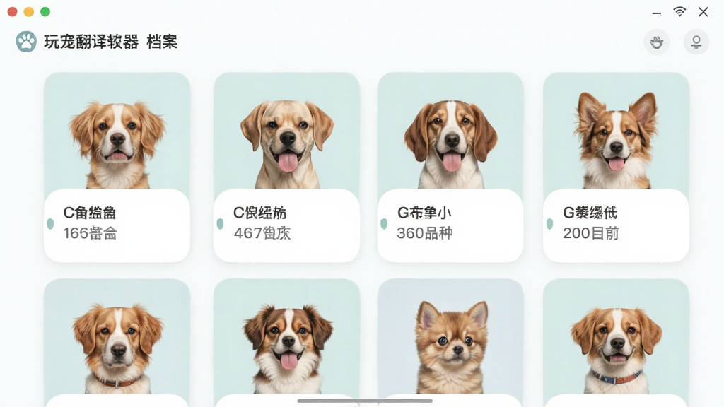 玩宠翻译交流器软件内宠物档案页面,显示多只宠物的头像卡片,每张卡片上有宠物名字和品种信息,界面排版整齐,风格简约清新,画质清晰,无多余装饰