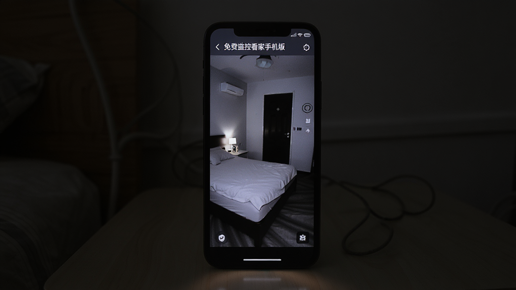 画面主体是一部手机在夜间床头柜上运行