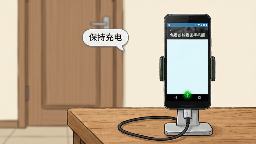 画面主体是一部插着充电线的安卓手机被固定在简易支架上,镜头对准房门方向,手机屏幕亮着显示