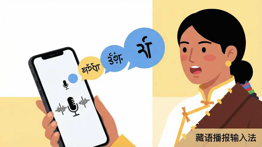 画面主体为一位藏族用户对着手机说话,手机屏幕上方浮现出藏文字符气泡,气泡由小到大排列形成语音转文字的流程示意,背景为简洁的白色与淡黄色块拼接,风格为现代扁平插画,细节包括麦克风图标、声波线条与藏文字母,画质清晰干净,画面中不出现多余装饰元素,角落处标注“藏语播报输入法”字样