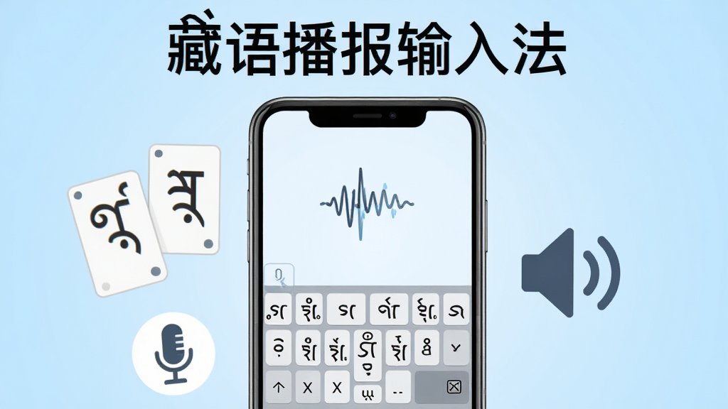 画面中央放置一部智能手机,手机屏幕上显示藏语播报输入法的输入界面,界面中有藏文字母键盘与语音波形图标,手机左侧漂浮着藏文字符卡片与麦克风图标,右侧有扬声器播报符号,背景为干净的浅蓝色渐变,整体采用扁平化插画风格,细节清晰,画质高清,画面干净无多余元素,图片上方用藏汉双语写着“藏语播报输入法”