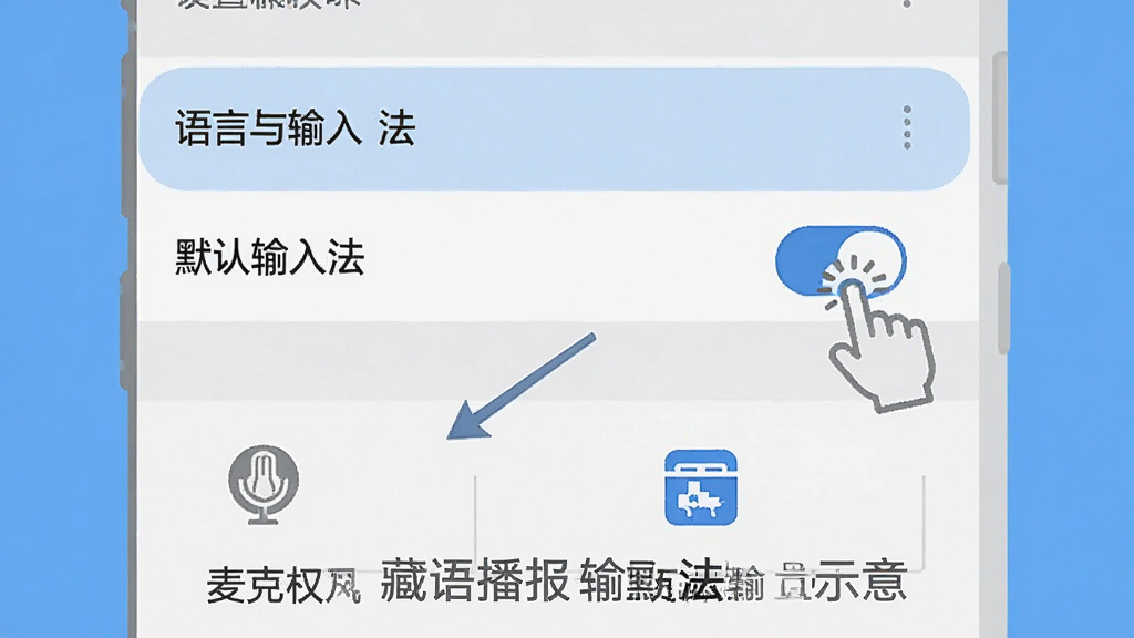画面为一部手机的系统设置界面示意图,界面中高亮显示“语言与输入法”选项与“默认输入法”开关,旁边有手指点击图标,界面下方用箭头指向麦克风权限与存储空间图标,风格为简洁的UI示意图,配色为浅灰与蓝色,画质清晰干净,图片中标注“藏语播报输入法 设置示意”