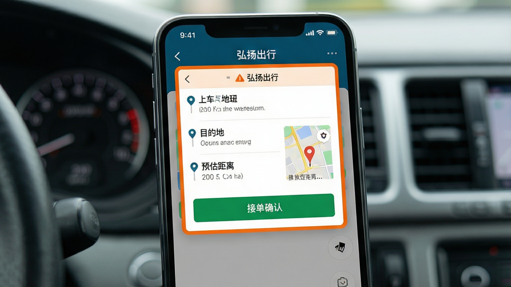 一张弘扬出行司机端智能派单功能的界面展示图,画面主体为手机屏幕特写,屏幕内显示弘扬出行司机端订单推送弹窗,弹窗中包含上车点地址、目的地、预估距离和接单确认按钮,布局为上下结构,风格为真实应用界面截图,细节上体现醒目的橙色提醒边框和地图缩略图,背景为车内仪表盘虚化场景,画质清晰干净,无多余元素