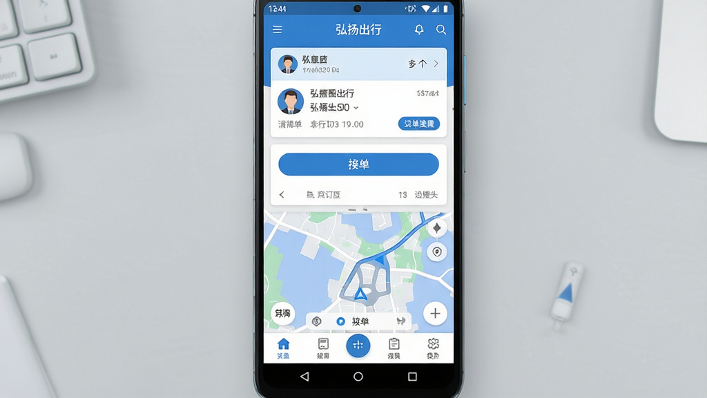 一张手机屏幕展示弘扬出行司机端应用主界面的场景图,画面主体为居中竖放的安卓手机,屏幕内显示弘扬出行司机端首页,包含订单列表、接单按钮、地图导航区域和底部功能栏,布局清晰规整,采用真实手机应用截图风格,细节上体现蓝色主色调、卡片式订单信息、圆形头像图标,背景为浅灰色简约桌面,画质清晰干净,无多余装饰元素