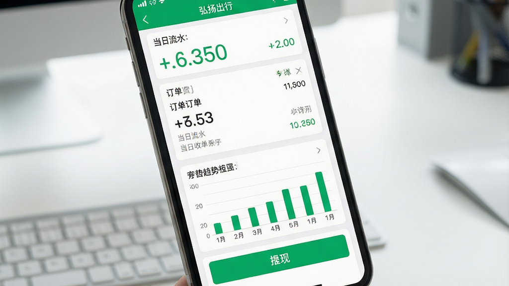 一张弘扬出行司机端收入明细页面的展示图,画面主体为手机屏幕特写,屏幕内显示弘扬出行司机端收入统计界面,包含当日流水数字、订单列表、柱状趋势图和提现按钮,布局为上中下三段式,风格为真实应用截图,细节上体现绿色收入数字和卡片式账目条目,背景为简约办公桌面,画质清晰干净,无多余装饰