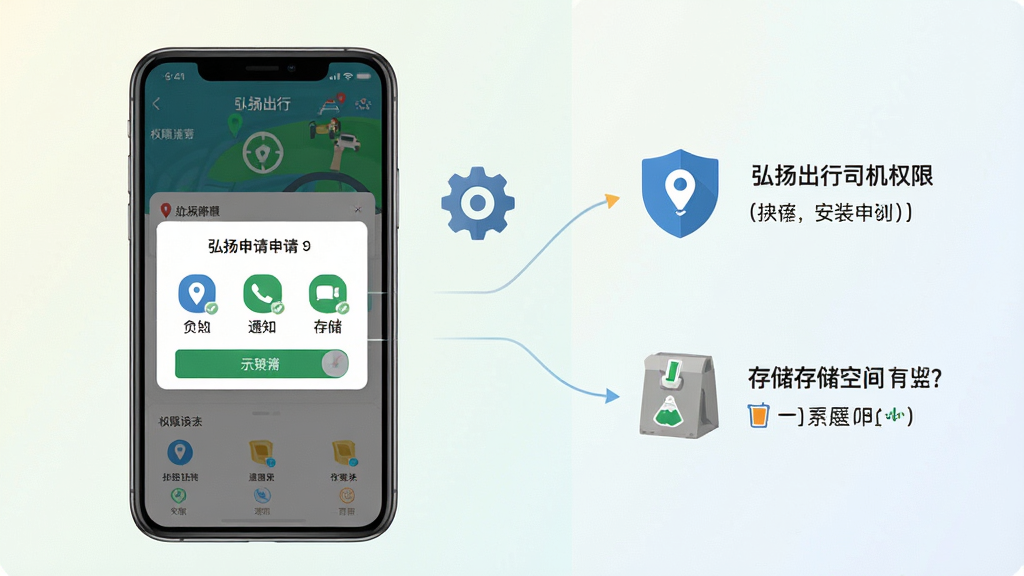 一张弘扬出行司机端权限设置与安装引导的示意图,画面主体为手机屏幕展示弘扬出行司机端权限申请弹窗,旁边配有设置图标和存储空间示意,布局为左右分栏,左侧手机界面右侧图标说明,风格为扁平化信息图,细节上体现定位、通知、存储三个权限图标和绿色对勾标记,背景为浅色渐变,画质清晰干净,无多余元素
