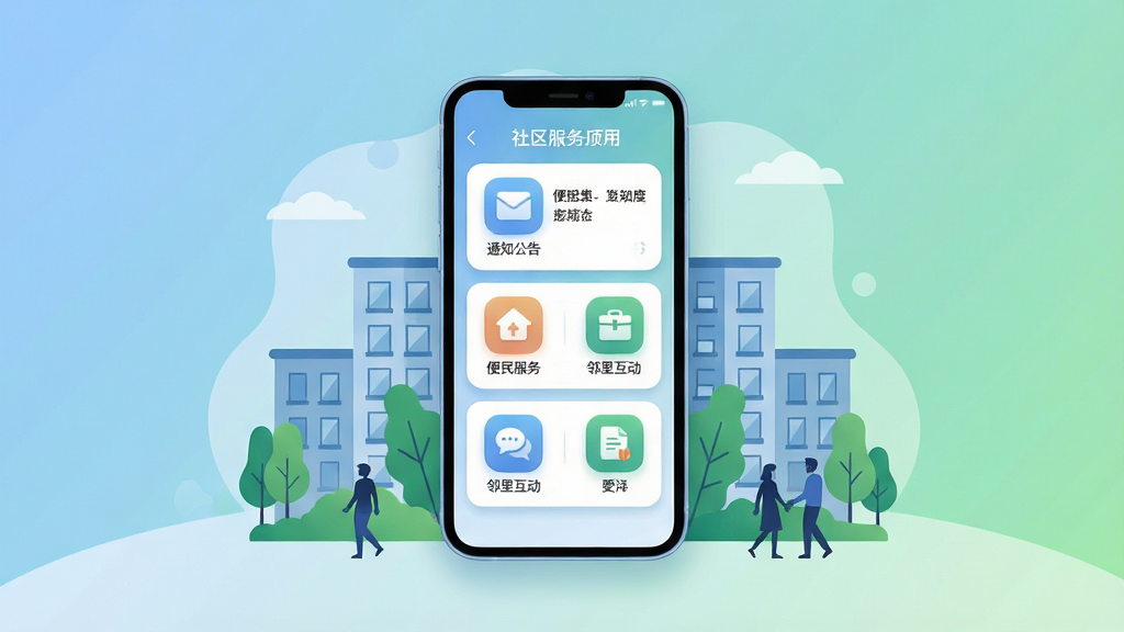 画面主体为一部智能手机,屏幕中展示社区服务应用界面,界面包含通知公告、便民服务、邻里互动等模块图标,手机周围环绕社区楼宇、绿植与人物剪影等元素,布局采用居中构图,手机位于画面中心,四周元素呈环形分布,排版简洁清晰,风格为现代扁平化插画,细节包括柔和的蓝色与绿色渐变背景、圆角图标、细腻的阴影层次,画质高清,画面干净,无多余元素