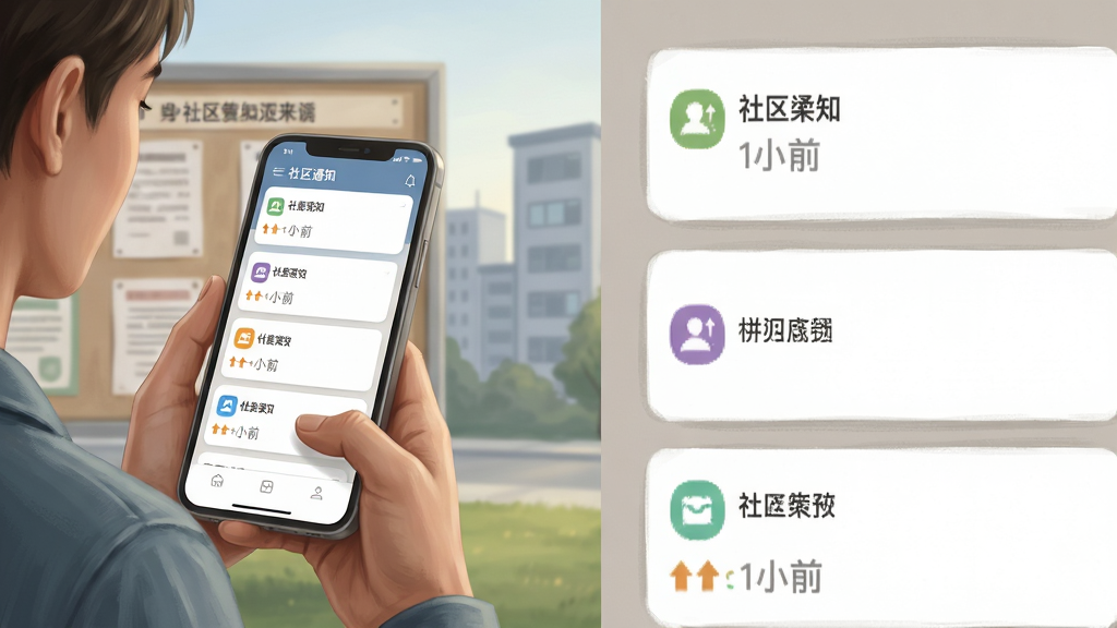 画面主体为一位用户手持手机查看社区通知列表,手机屏幕显示多条分类清晰的通知卡片,背景为社区公告栏与楼宇轮廓,布局采用左右分栏构图,左侧为用户与手机特写,右侧为通知卡片放大展示,风格为写实插画,细节包括通知卡片上的时间标签与分类图标、柔和的自然光线,画质高清,画面干净,无多余元素