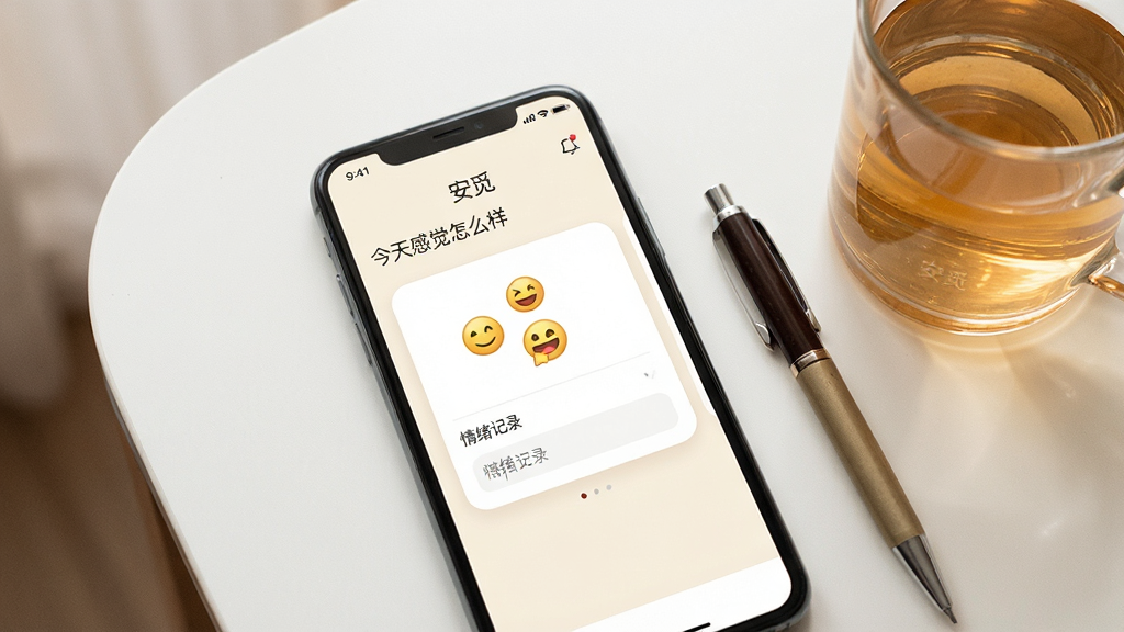 一张手机屏幕展示安觅应用主界面,画面中央是简洁的情绪记录卡片,卡片上有表情图标和文字输入框,背景为柔和米白色,手机旁放着一支笔和一杯温水,桌面干净整洁,整体风格清新温暖,光线柔和自然,画面中文字为“安觅”和“今天感觉怎么样”,画质清晰,无多余元素