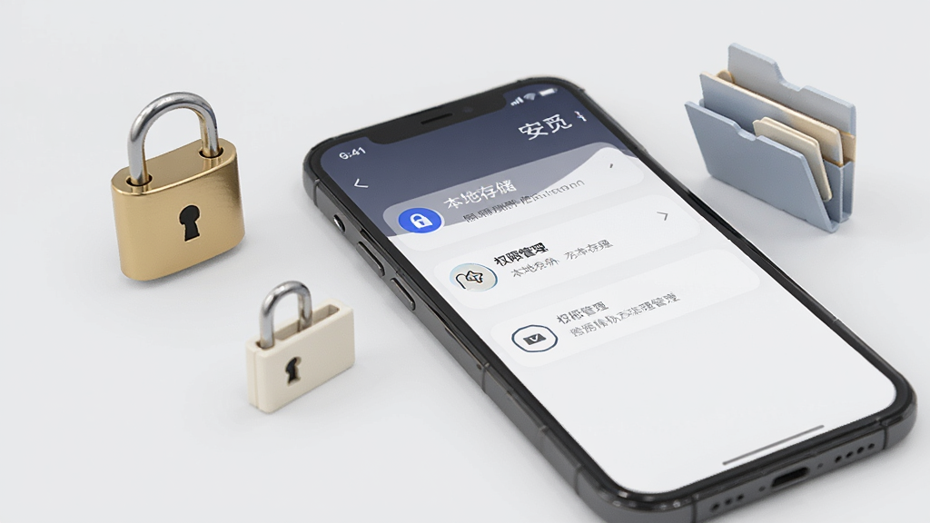 一部手机屏幕显示安觅的隐私设置页面,页面中有本地存储和权限管理选项,手机旁有一把象征安全的小锁图标和文件夹模型,背景为浅灰色,画面简洁干净,可见“安觅”文字,风格商务清爽,画质清晰,无多余装饰
