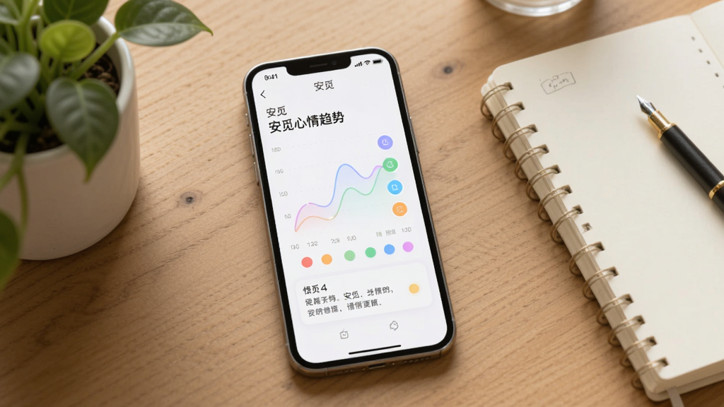 手机屏幕显示安觅的心情趋势页面,画面中有柔和的折线图和彩色情绪圆点,图表下方有简短文字总结,手机放置在木质桌面上,旁边有绿植和笔记本,整体氛围平静舒缓,画面中标注“安觅”名称,设计简洁,画质细腻