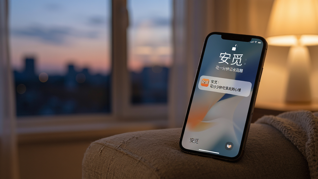 手机锁屏界面弹出安觅的温和提醒通知,通知文字为“安觅:花一分钟记录此刻心情”,背景是傍晚窗景和暖色灯光,手机放在沙发扶手上,整体氛围安静治愈,画面中可见“安觅”字样,风格生活化,画质柔和清晰