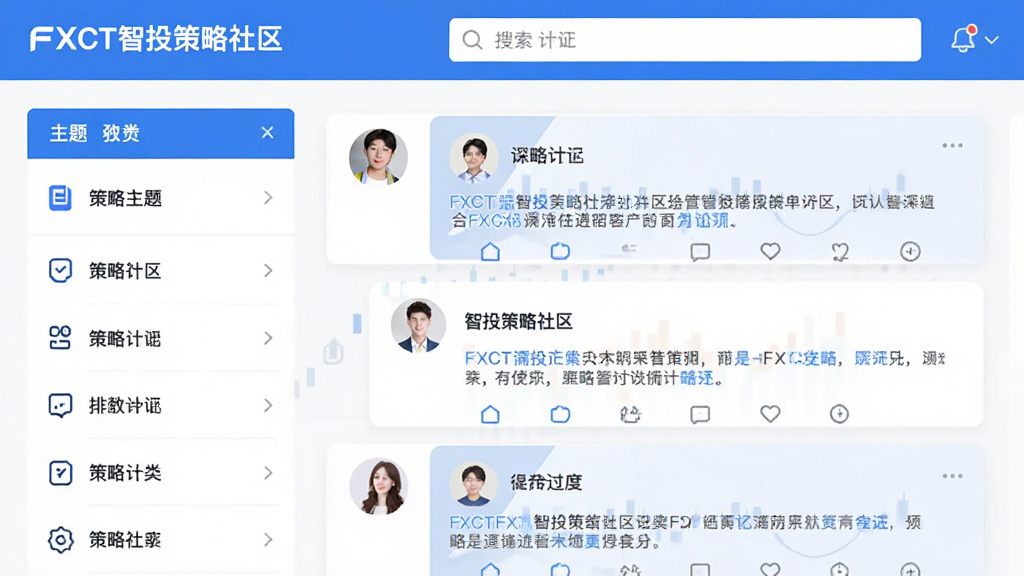 画面主体为“FXCT智投策略社区”的社区界面,左侧为策略主题分类栏,右侧为讨论卡片流,卡片上带有头像与文字摘要,顶部有搜索框,整体布局清晰,风格为现代扁平化设计,配色以蓝白为主,画质干净,无多余元素