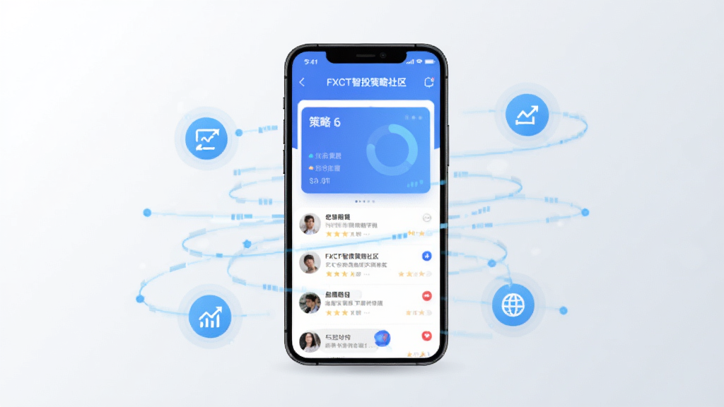 画面中央放置一部智能手机,手机屏幕上显示“FXCT智投策略社区”的应用界面,界面包含策略卡片和社区讨论列表,手机周围环绕浅蓝色数据线条与圆形图标,背景为简洁的浅灰渐变,整体采用扁平化科技风格,细节清晰,画质干净,无多余元素