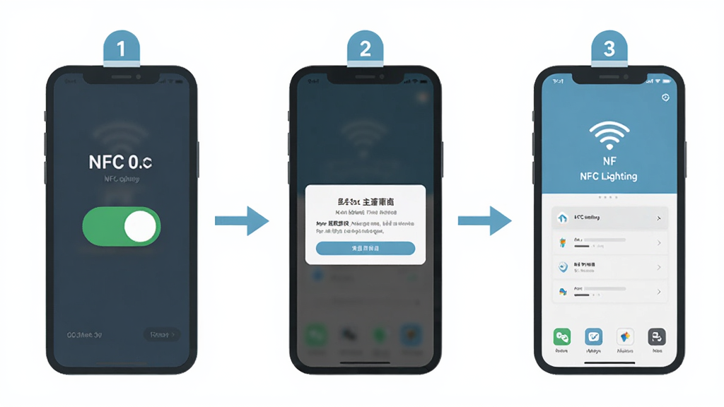 NFC Lighting安装设置流程示意图,手机屏幕展示NFC开关开启、权限授权弹窗、应用主界面三步操作,扁平化信息图风格,步骤编号清晰,配色清爽,高清画质,干净无冗余元素