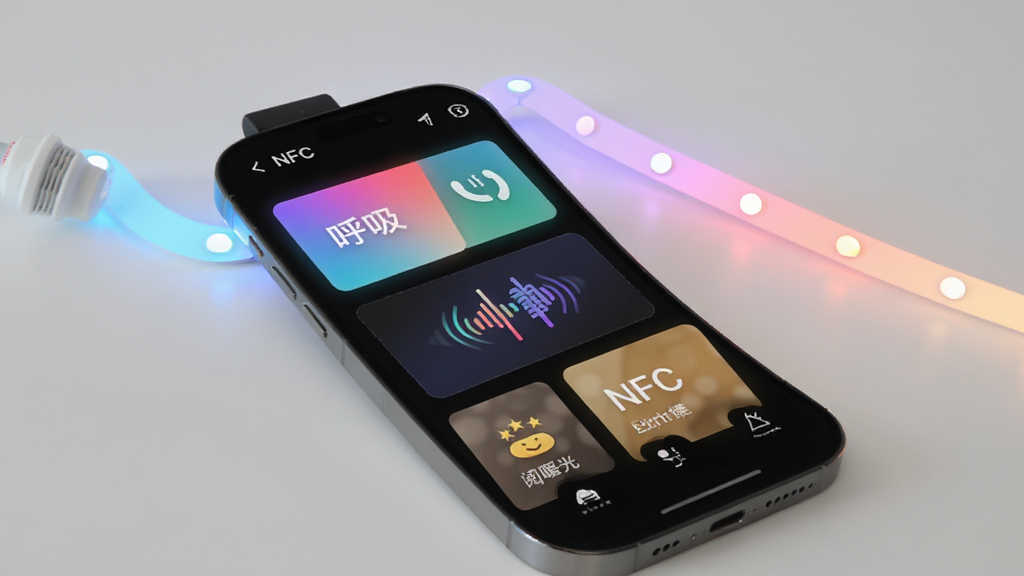 NFC Lighting场景模式界面,展示呼吸渐变、音乐律动、阅读暖光等场景卡片,手机屏幕与背景灯带色彩呼应,现代简约风格,布局规整,细节丰富,高清画质,干净无杂乱元素
