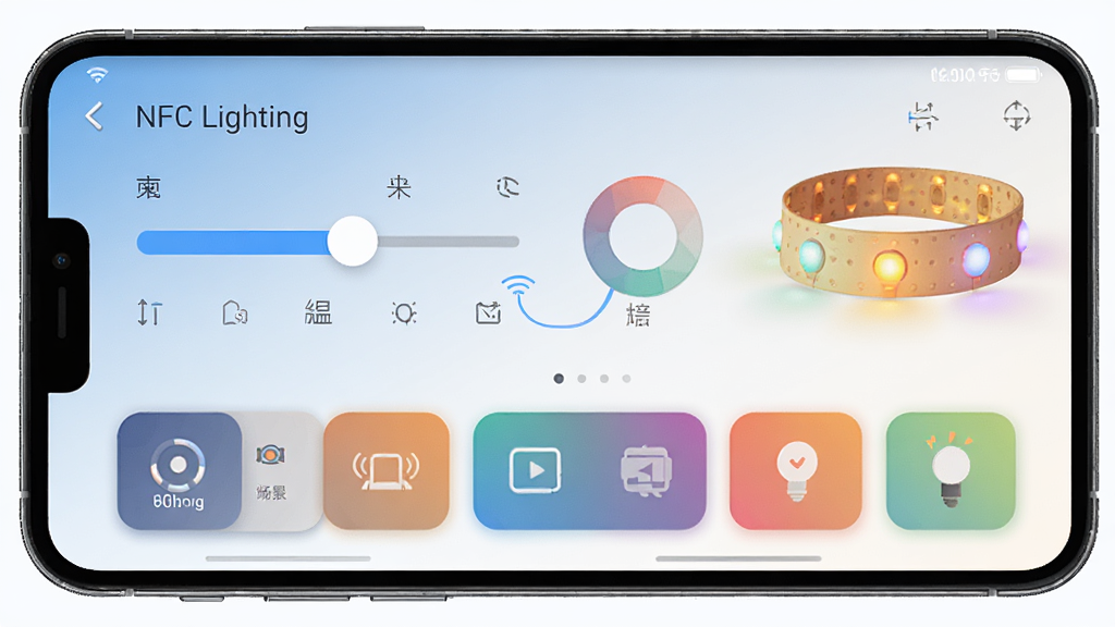 NFC Lighting软件主界面展示,手机靠近智能灯带感应连接,界面包含亮度调节滑块、色温圆环、场景模式卡片,整体布局清晰,科技感蓝色与暖色灯光对比,扁平化UI风格,细节精致,高清画质,干净无多余元素