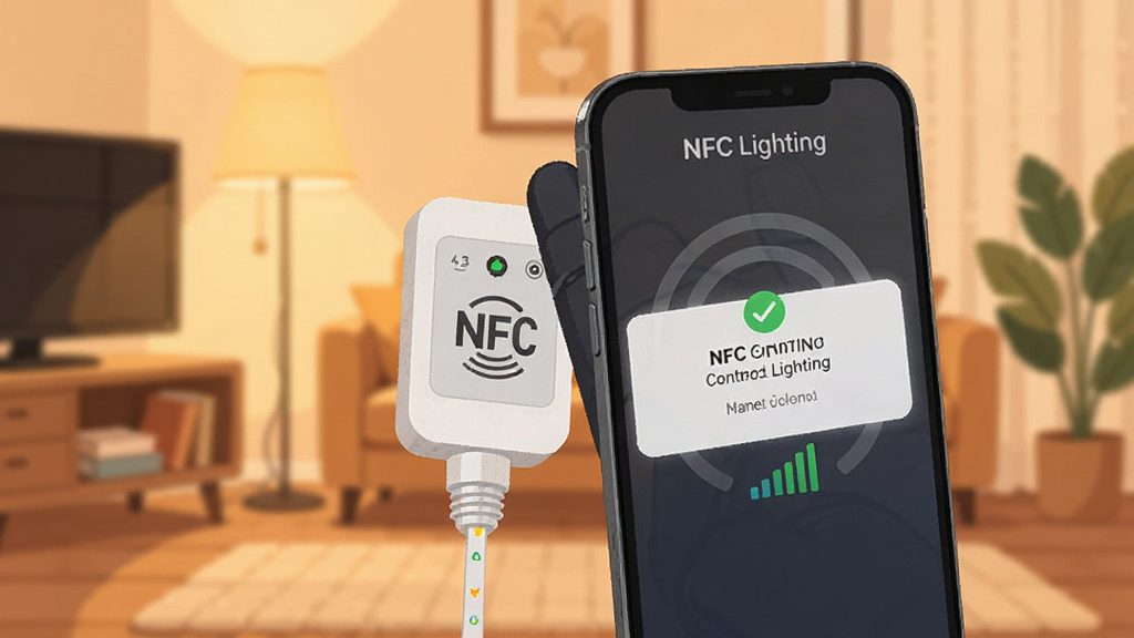 NFC Lighting触碰连接功能展示,手机背面贴近灯带控制器上的NFC标签,屏幕弹出连接成功提示,界面显示设备名称与信号强度,背景为温馨家居灯光环境,扁平插画风格,构图居中,高清画质,干净简洁