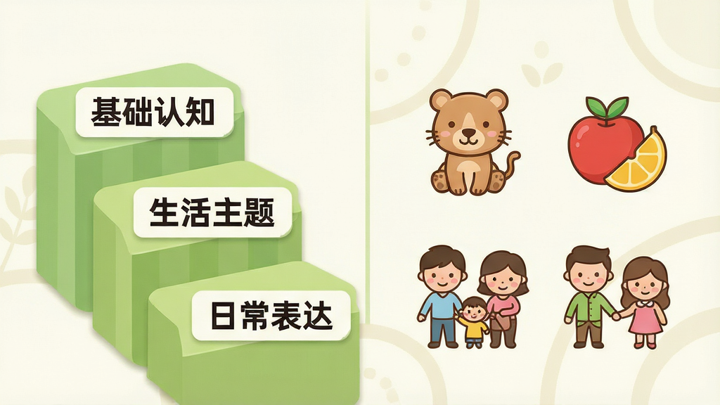 一张展示分龄课程结构的示意图,画面左侧为三个阶梯状排列的课程模块标签,分别标注基础认知、生活主题、日常表达,右侧为对应主题的卡通图标,如动物、水果、家庭成员,整体布局左右分区清晰,风格为清新教育类插画,配色以浅绿和米白为主,细节简洁,画质干净,无多余元素