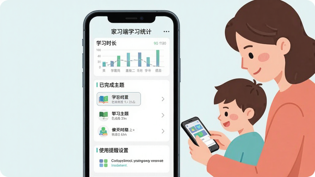 一张展示家长端学习记录界面的示意图,画面为手机屏幕特写,屏幕中显示学习时长统计、已完成主题列表和使用提醒设置项,旁边配有家长与孩子一起看手机的卡通形象,布局为屏幕居中、人物侧边,风格为简洁现代扁平风,配色清爽,画质干净