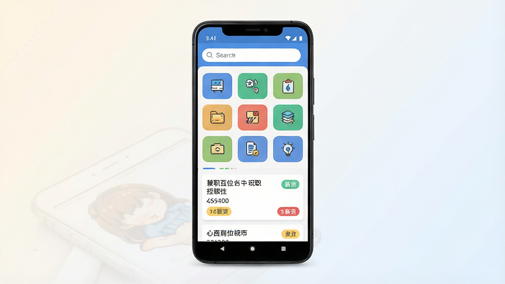 一张手机应用界面展示图,画面中央是一部竖屏安卓手机,屏幕内显示兼职招聘类APP首页,顶部有搜索框,中部为岗位分类图标网格,下方为岗位列表卡片,卡片上带有职位名称与薪资标签,背景为浅色渐变,整体风格干净清爽,排版居中对称,细节清晰,画质高清,无多余装饰元素