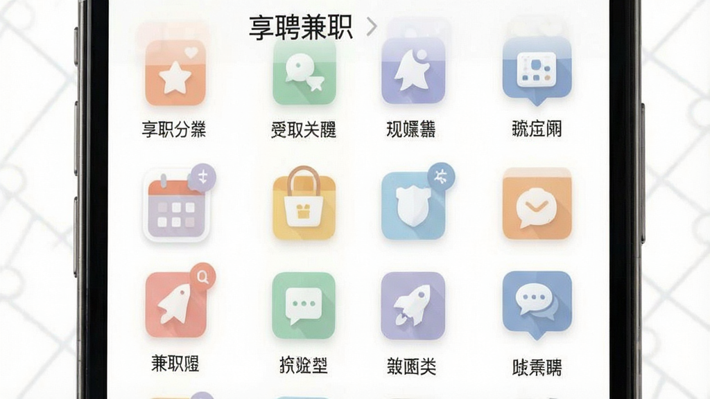 一张兼职岗位分类界面示意图,画面为手机屏幕特写,屏幕内呈现多个彩色分类图标整齐排列,图标下方配有简短文字标签,整体布局规整,风格扁平化,配色柔和,细节清晰,画质干净高清,画面中带