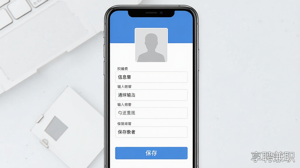 一张手机简历填写页面示意图,画面为竖屏手机界面,屏幕内显示表单式简历编辑区域,包含头像占位框、信息输入栏与保存按钮,界面风格简洁商务,排版整齐,配色以蓝白为主,细节清晰,画质高清,画面角落带