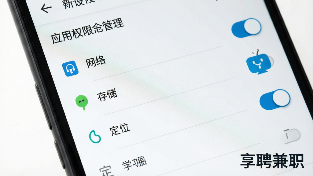 一张手机安全设置界面示意图,画面为安卓手机设置页面特写,屏幕内显示应用权限管理列表,包含网络、存储、定位等权限开关,界面风格简洁,配色以白灰为主,排版清晰,细节锐利,画质高清,画面中带