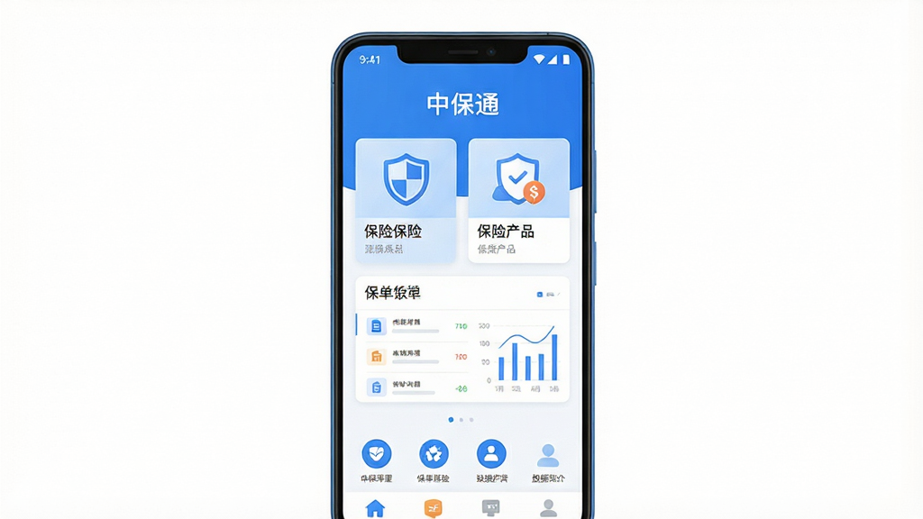 主体为一部竖屏安卓手机,屏幕中央显示“中保通”应用首页界面,包含保险产品卡片与功能图标;布局为手机居中、四周留白;排版简洁,上方为应用名称标题,下方为手机主体;风格为清爽的扁平化科技蓝配色;细节包含盾牌图标、保单列表、数据图表的简化呈现;画质清晰干净,无多余元素