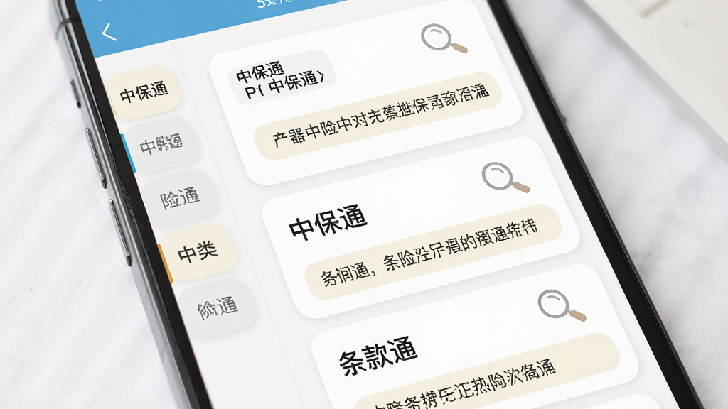 主体为手机屏幕上的保险产品列表页,多个险种卡片纵向排列;布局为左右分栏,左侧为险种分类标签,右侧为产品卡片;排版整齐,卡片圆角;风格为浅色商务风;细节包含“中保通”字样、放大镜图标、条款摘要文字条;画质清晰,干净无多余元素