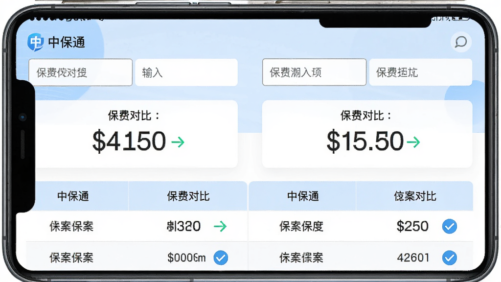 主体为手机屏幕上的保费测算与方案对比界面,两张方案卡片左右并列;布局为上方输入框区域、下方对比表格;排版清晰,数字突出;风格为简洁商务浅蓝风;细节包含“中保通”标识、保费数字、对比箭头、勾选图标;画质干净清晰,无多余元素