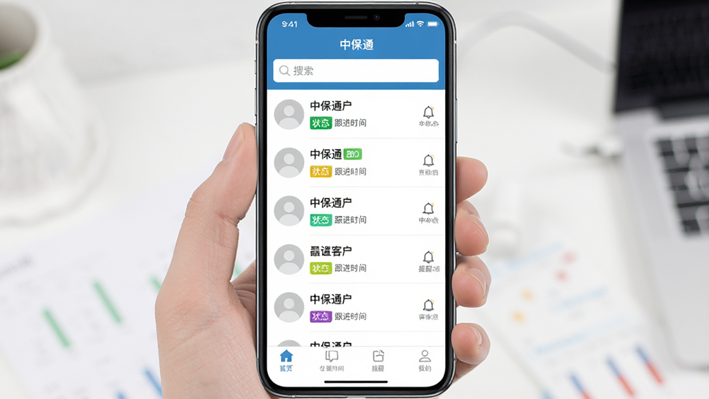 主体为手机屏幕上的客户管理列表,多条客户记录带状态标签;布局为顶部搜索栏、中部列表、底部导航栏;排版规整,标签色彩区分明显;风格为清爽移动端办公风;细节包含“中保通”应用名、头像占位圆、跟进时间文字、提醒铃铛图标;画质干净,无多余元素