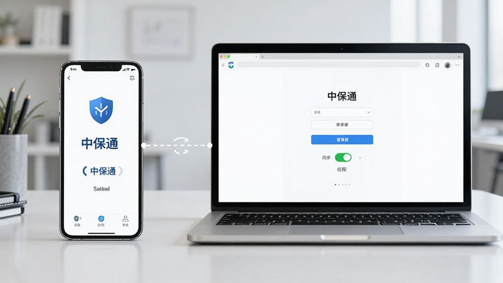 主体为一部手机与一台笔记本电脑并排摆放,手机屏幕显示“中保通”应用界面,电脑屏幕显示网页版登录页;布局为左手机右电脑,中间用虚线连接;排版对称;风格为科技办公风;细节包含盾牌安全图标、同步箭头、权限开关示意;画质清晰干净,无多余元素