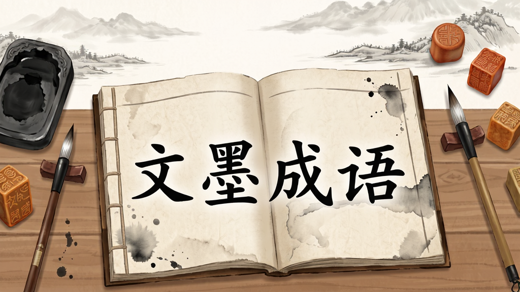 画面主体为一本展开的线装古书平放在木质书桌上,书页中央浮现出“文墨成语”四个楷体汉字,周围散落着毛笔、砚台与几枚印章,布局采用俯视视角,古书占据画面中心偏下位置,上方留白处点缀淡墨山水纹样,整体风格为清新国风插画,细节上突出纸张纹理与墨迹晕染效果,色调以米白、墨黑、赭石为主,画质清晰干净,画面中无多余装饰元素