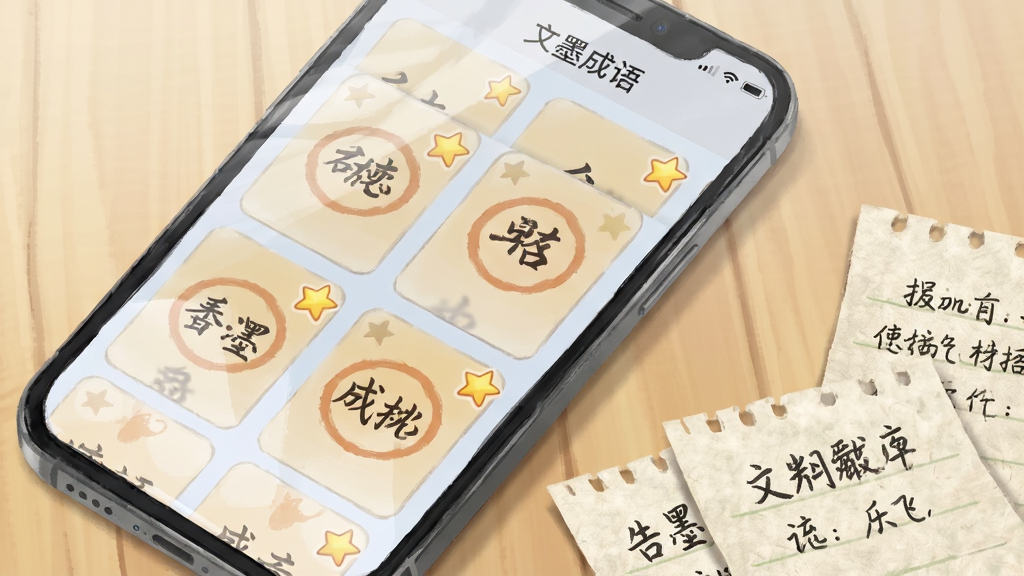 画面主体为一部平放的智能手机,手机屏幕显示“文墨成语”收藏夹界面,界面内排列着多张成语卡片,每张卡片右上角带有星标收藏图标,手机旁边散落着几张手写便签纸,便签上写有成语词条,布局采用斜侧俯视视角,手机占据画面中心偏左位置,便签纸自然散落于右下角,风格为生活化场景插画,细节上手机屏幕反光与便签纸纤维质感清晰可见,画质柔和干净,背景为浅木色桌面无杂物