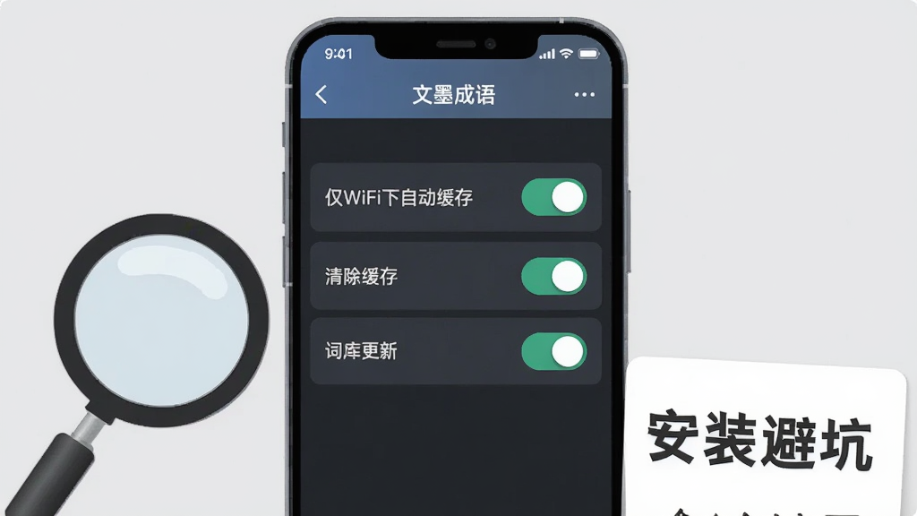 画面主体为一部竖屏智能手机特写,屏幕显示“文墨成语”设置界面,界面内可见“仅WiFi下自动缓存”“清除缓存”“词库更新”等选项开关,手机旁边放置一个放大镜与一张写有“安装避坑”字样的提示卡片,布局采用正面微侧视角,手机占据画面中心,提示卡片位于右下角,风格为扁平化科技插画,细节上开关按钮带有高光质感,画质清晰锐利,背景为纯浅灰无杂色