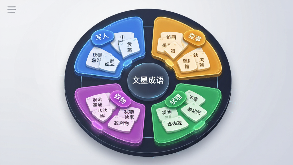画面主体为一个圆形悬浮界面,界面中央显示“文墨成语”分类检索面板,面板上分布着写人、叙事、状物、说理四个彩色标签区块,每个区块内嵌有若干成语词条卡片,布局采用中心放射状构图,圆形界面位于画面正中央,四周以浅灰色渐变背景衬托,风格为科技感UI插画,细节上标签区块带有微光描边与投影层次,画质锐利清晰,画面干净无多余线条
