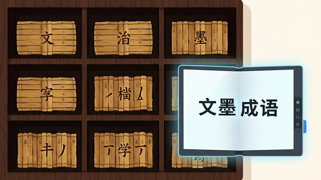 画面主体为一块竖直排列的深色木质书架,每一层格子里整齐摆放着标有不同汉字偏旁的竹简卷轴,书架前方悬浮着一本翻开的电子词典界面,屏幕中央显示“文墨成语”字样,布局采用正面平视构图,书架占画面左侧三分之二,右侧留出词典界面展示区,风格为现代扁平化插画,细节上竹简纹理与屏幕光晕形成对比,画质干净明亮,无杂乱背景元素