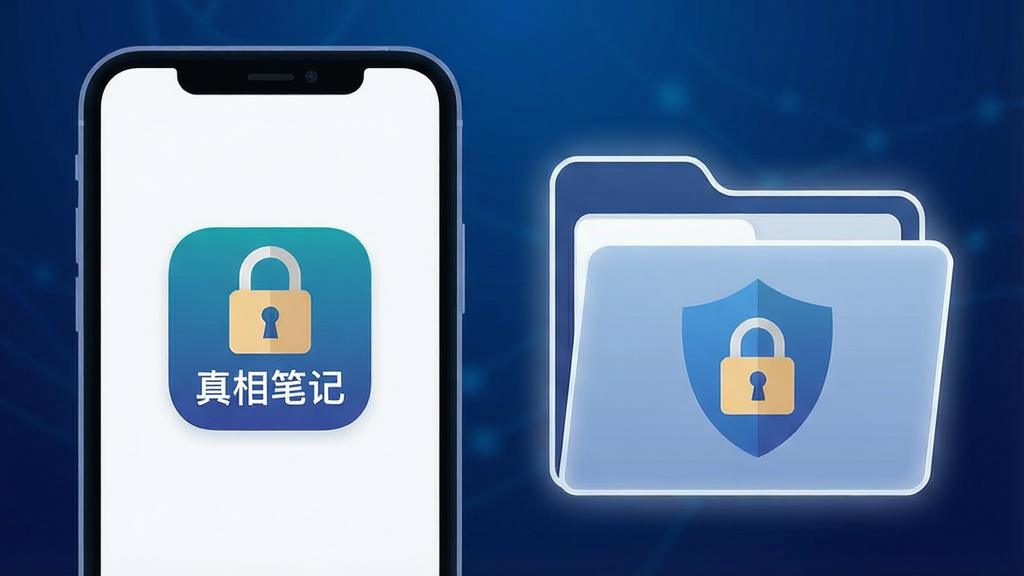 一张表现真相笔记本地私密存储概念的示意图,主体是一部手机与一个带锁的文件夹图标并排摆放,手机屏幕显示“真相笔记”应用图标,文件夹表面有盾牌与锁的图形符号,布局为左右并列式构图,风格为扁平化科技插画风,细节上文件夹带有微弱发光边缘,背景为深蓝色渐变,画质高清,画面干净简洁,无多余装饰元素