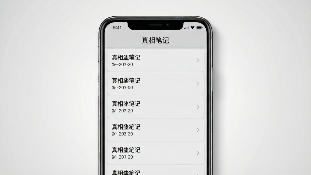 一张展示真相笔记手机应用界面的产品展示图,主体是一部竖屏安卓手机居中放置,屏幕内显示真相笔记的笔记列表页面,标题栏写有“真相笔记”四个字,列表条目整齐排列,背景为浅灰色,布局采用居中对称构图,风格为现代简约数码产品展示风,细节上手机边缘带有轻微阴影和反光,屏幕内容清晰锐利,画质为高清4K,画面干净无多余元素,纯色浅灰渐变背景