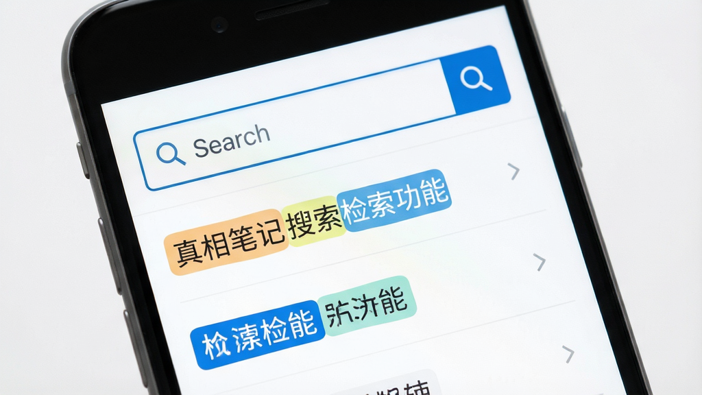 一张表现真相笔记搜索检索功能的界面示意图,主体为一部手机屏幕特写,屏幕内显示搜索框与搜索结果列表,搜索框内有放大镜图标,结果条目中关键词以高亮色块标出,布局为居中特写构图,风格为清爽UI展示风,细节上界面配色为白底蓝字,条目间距均匀,画质高清锐利,画面干净无多余元素