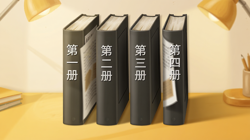 一张展示电子书架概念的图片,画面中央为四本排列整齐的电子书,书脊上分别标注“第一册”“第二册”“第三册”“第四册”,背景为暖黄色书桌场景,布局为水平排列,风格为写实插画风,细节包括书页翻动效果和柔和光影,画质高清,画面干净,无多余元素