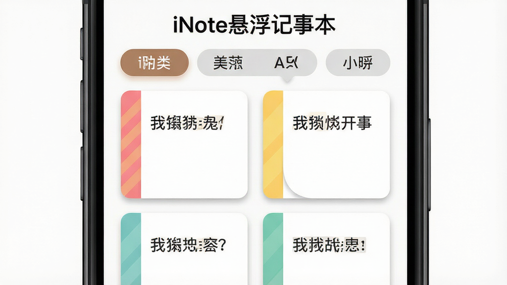 主体为多张彩色便签卡片在手机屏幕内整齐排列,布局为手机竖屏展示、便签卡片呈两列网格分布,排版为顶部有分类标签栏、每张便签带有不同颜色的左侧色条与简短文字,风格为清新扁平化卡片设计,细节包括便签圆角、轻微投影、分类标签高亮选中状态,画质为高清、干净、无多余元素,画面顶部标注文字“iNote悬浮记事本”