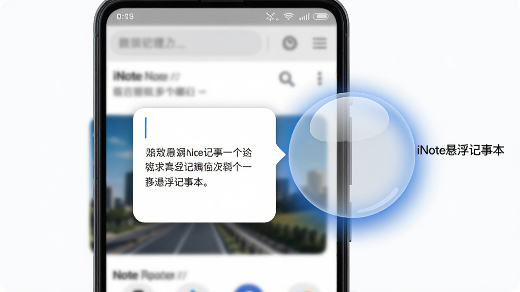 主体为一枚半透明圆形悬浮球悬浮在安卓手机屏幕右侧边缘,布局为手机正面竖屏展示,屏幕背景为模糊的网页浏览界面,悬浮球旁展开一个小巧的白色便签输入窗口,排版为便签窗口位于悬浮球左侧并带有输入光标与几行简短文字,风格为清爽扁平化UI设计、科技感与生活感结合,细节包括悬浮球带有轻微阴影与蓝色光晕、便签窗口圆角边框、屏幕顶部状态栏可见,画质为高清渲染、干净无多余元素,画面中悬浮球旁标注文字“iNote悬浮记事本”