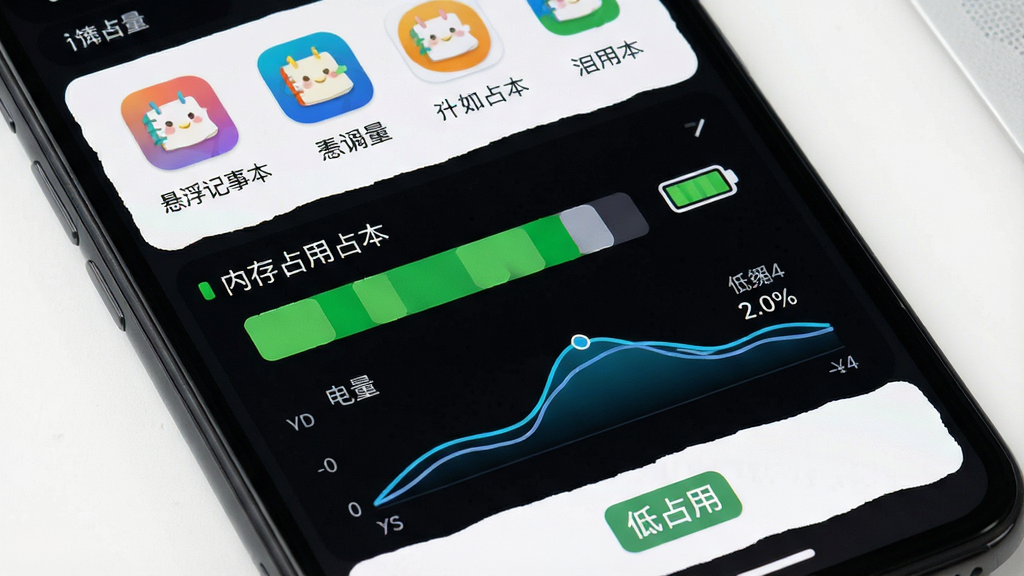 主体为手机屏幕显示内存占用与电池优化示意图,布局为手机竖屏、屏幕内呈现简洁的数据面板,排版为顶部为应用图标与名称、中部为内存占用条形图与电量曲线、底部为“低占用”标签,风格为科技数据可视化风格,细节包括绿色低占用指示条、电池图标、轻量级标签,画质为高清、干净、无多余元素,画面中标注文字“iNote悬浮记事本”