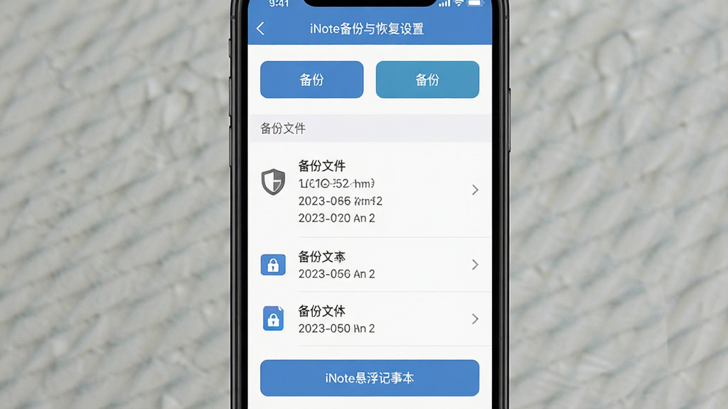 主体为手机屏幕显示本地备份与恢复设置界面,布局为手机竖屏居中、界面内有两个功能按钮与一个文件列表,排版为顶部标题栏、中部备份文件列表、底部操作按钮,风格为简约工具类APP设置页风格,细节包括盾牌图标、锁形图标、备份文件条目显示日期与大小,画质为高清、干净、无多余元素,画面中标注文字“iNote悬浮记事本”